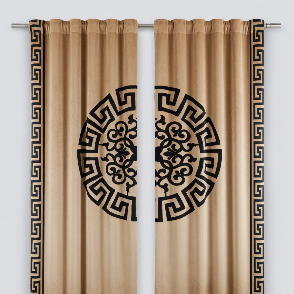 Beige curtains with black decorative patterns on a white background