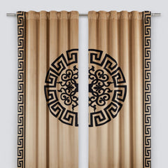 Beige curtains with black decorative patterns on a white background