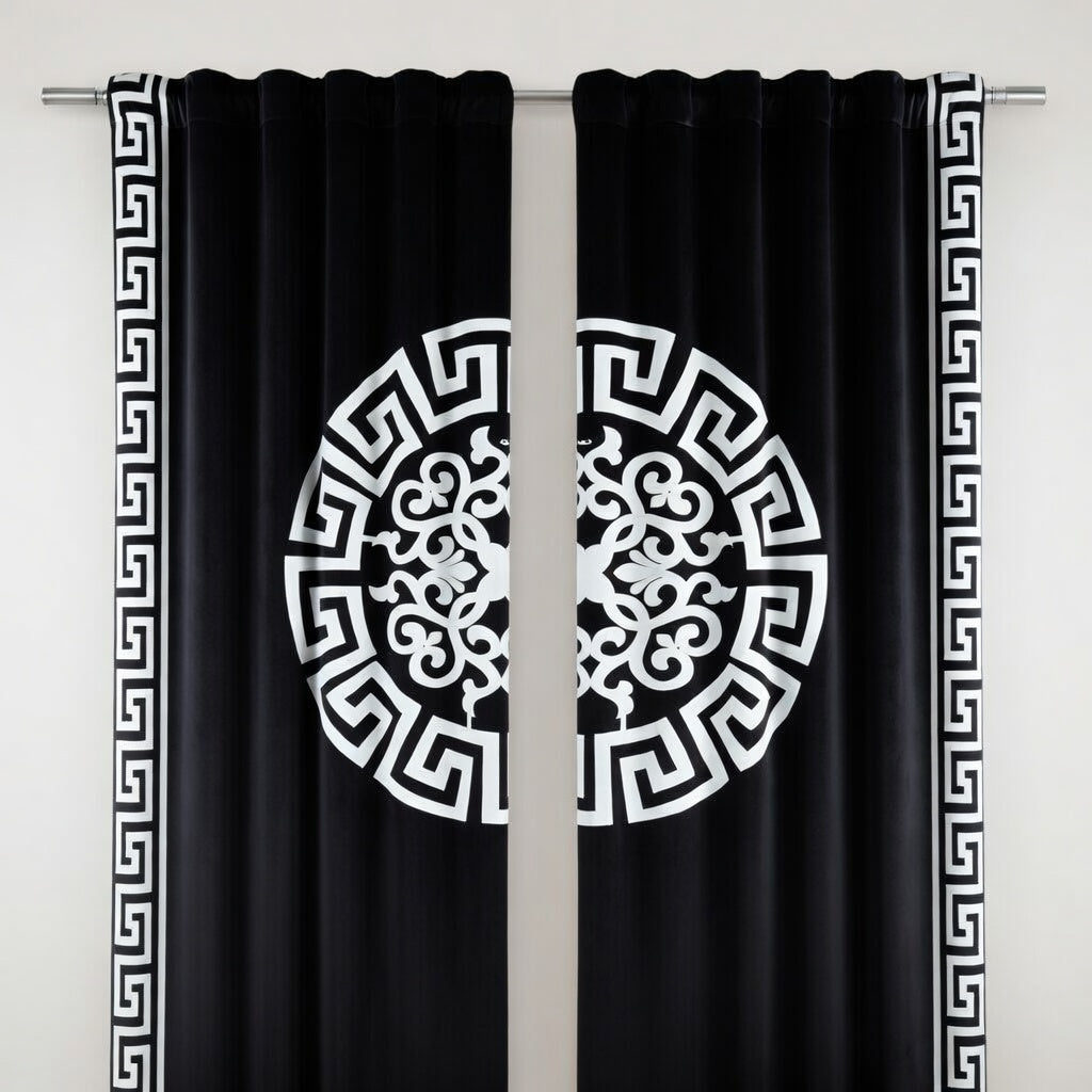 Black curtains with white decorative patterns on a gray background