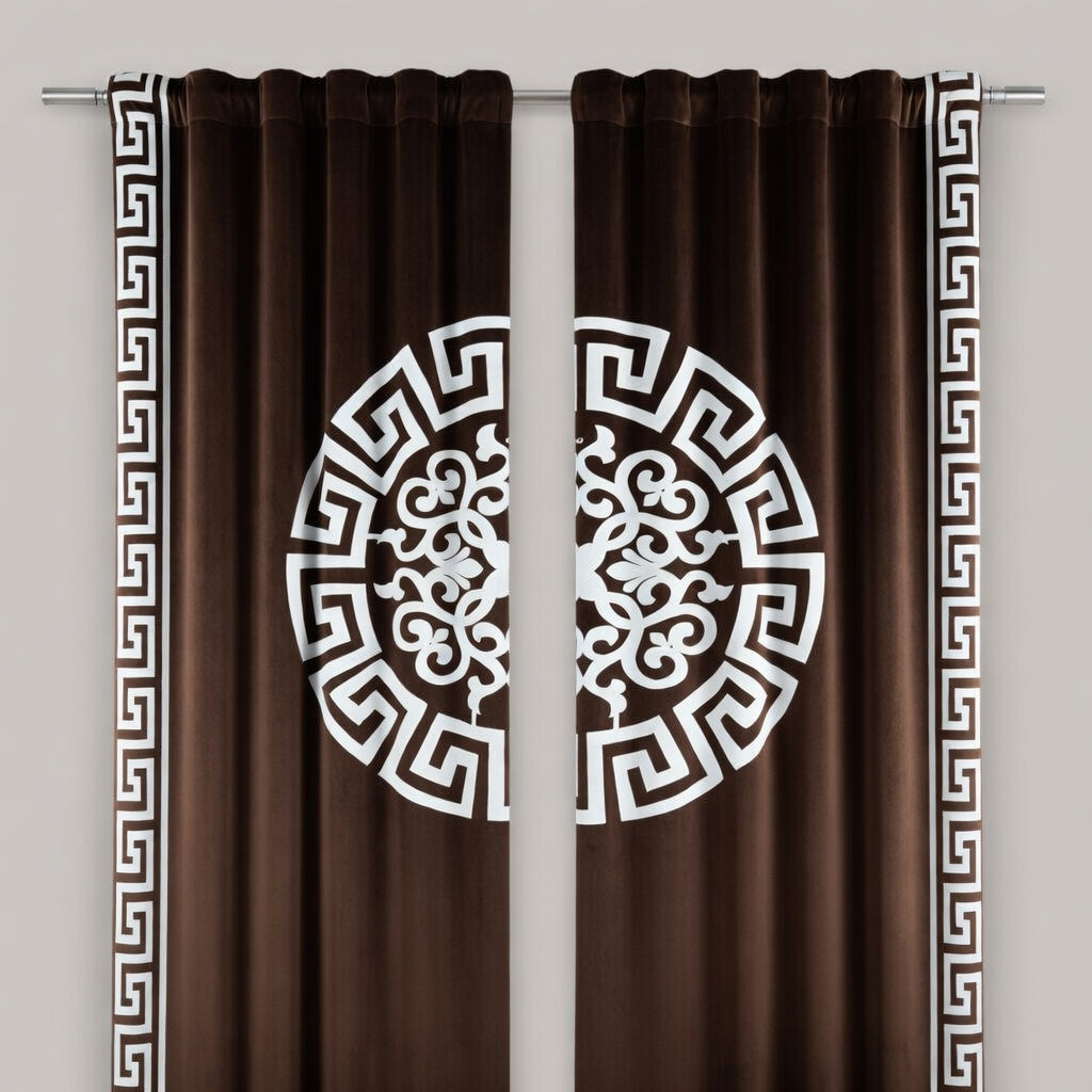 Brown curtains with white decorative patterns on a gray background