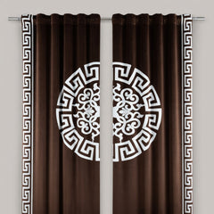 Brown curtains with white decorative patterns on a gray background
