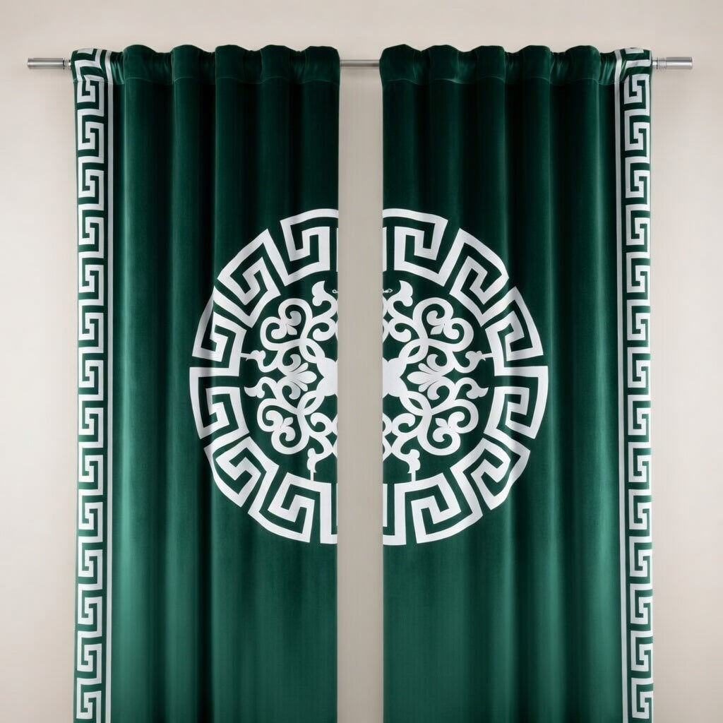 Green curtains with white decorative patterns on a plain background