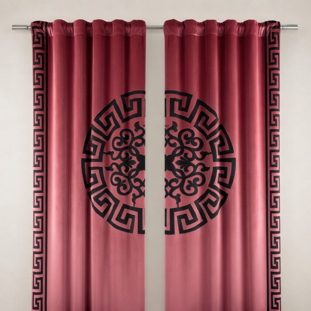 Pink curtains with black decorative patterns on a white background