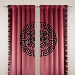 Pink curtains with black decorative patterns on a white background