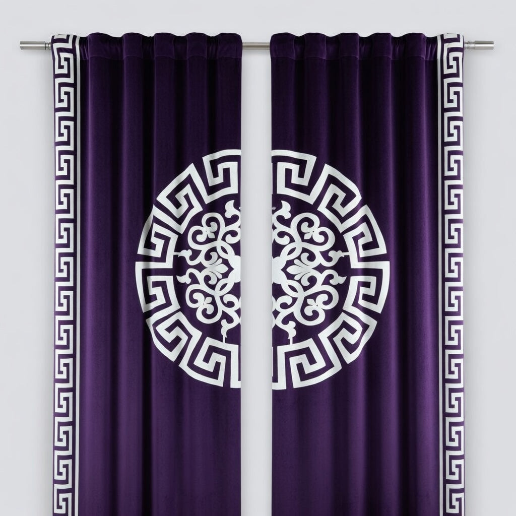 Purple curtains with white decorative patterns on a gray background