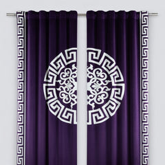 Purple curtains with white decorative patterns on a gray background