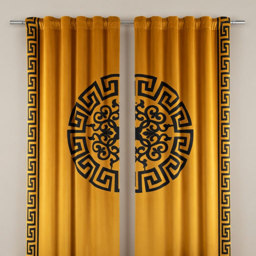 Mustard yellow curtains with black decorative patterns on a gray background
