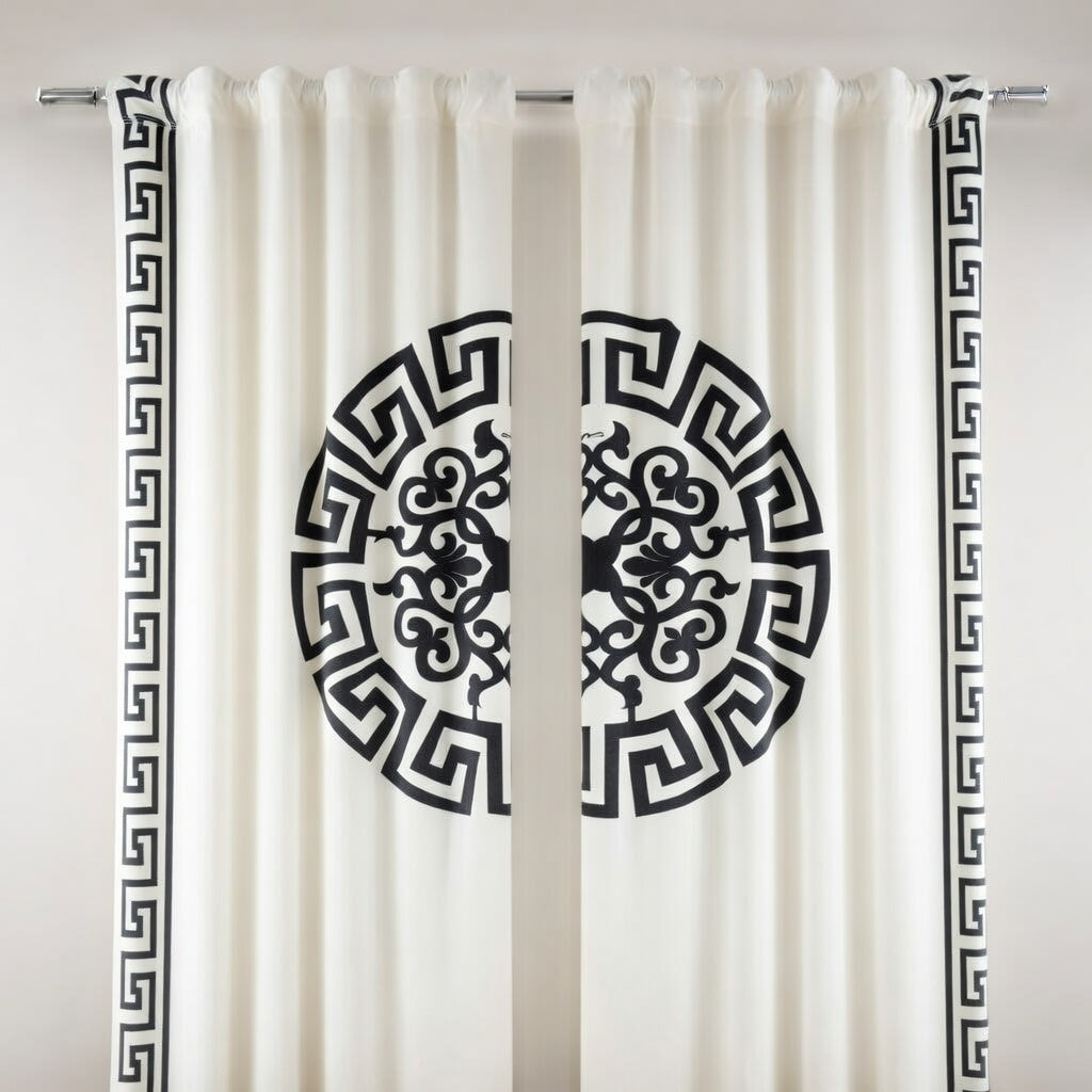 White curtains with black decorative patterns on a white background