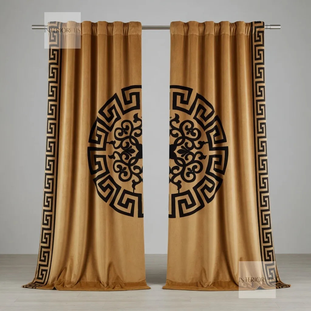 gold curtains with black decorative patterns on a gray background