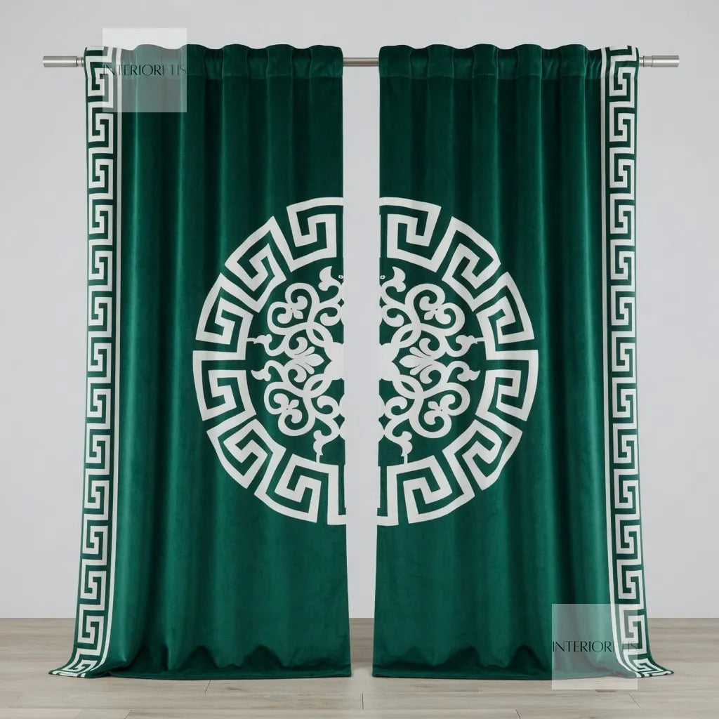 Green curtains with white decorative patterns on a gray background