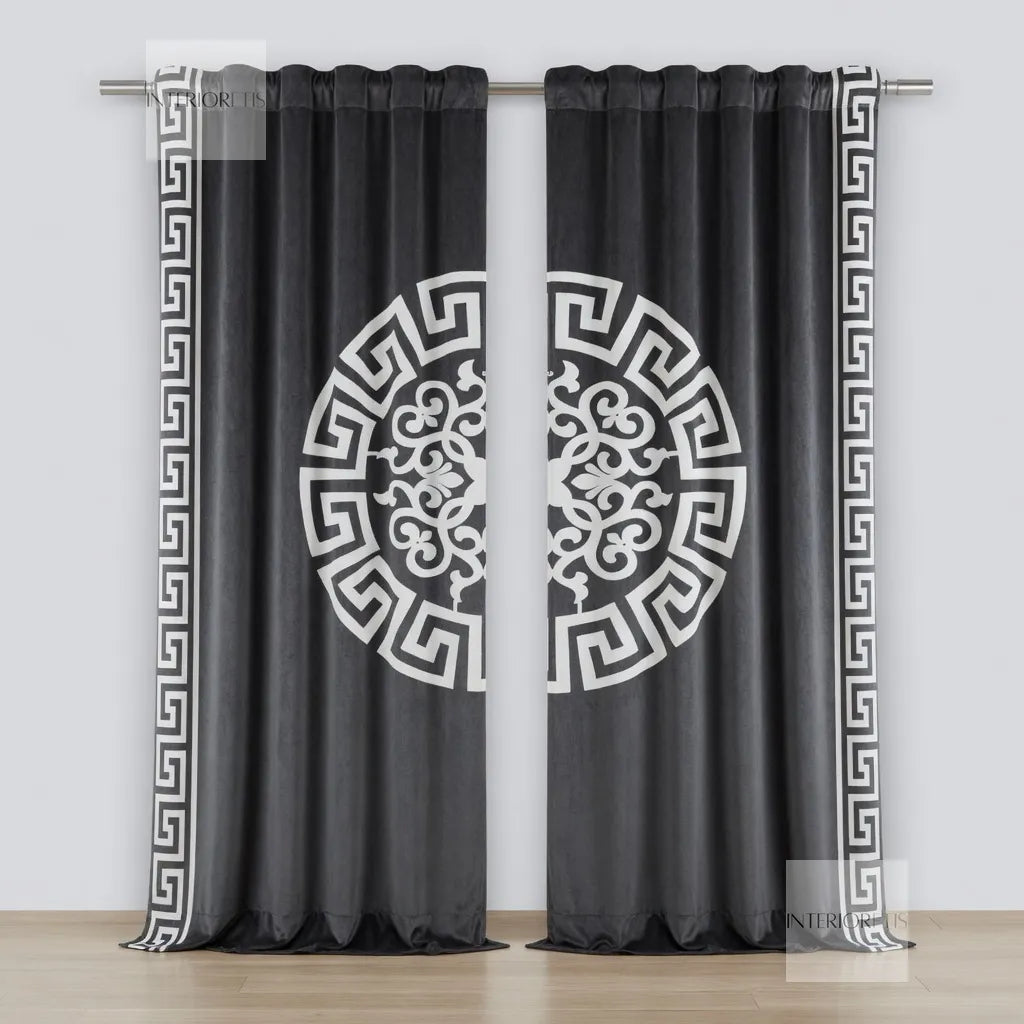 Gray curtains with white geometric pattern on a wooden floor and light gray wall background