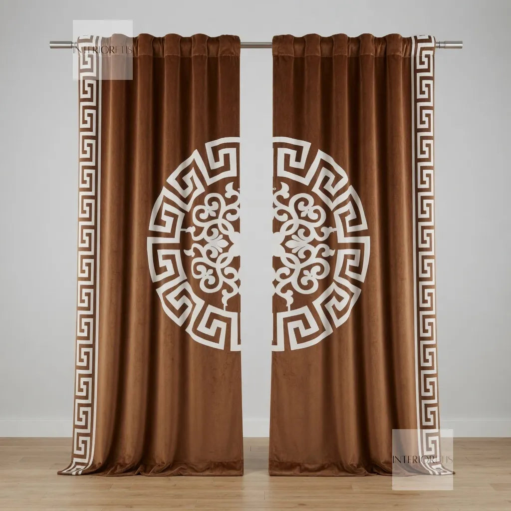 Olive curtains with a decorative white pattern on a gray background