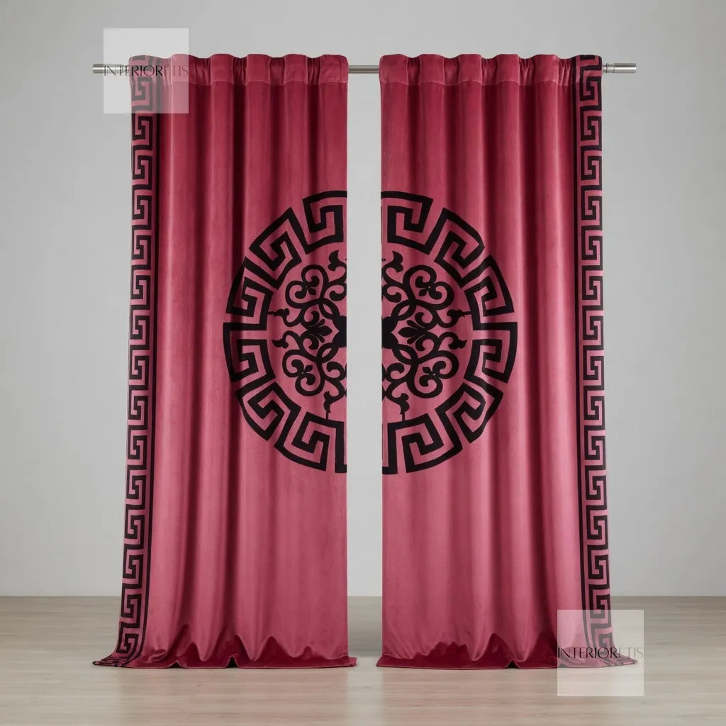 Pink curtains with black decorative patterns on a gray background