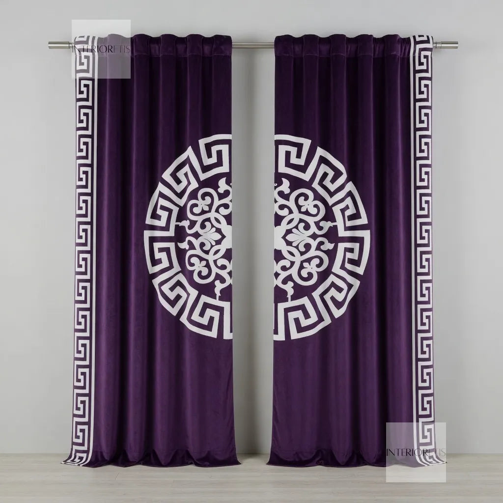 Purple curtains with white decorative patterns on a gray background