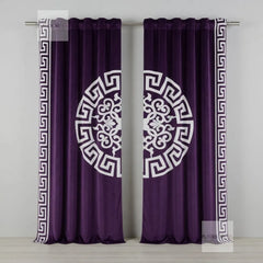 Purple curtains with white decorative patterns on a gray background