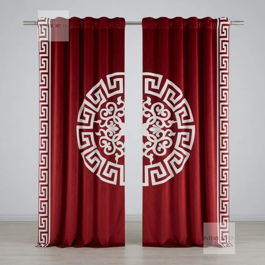 Red curtains with white geometric patterns on a gray background