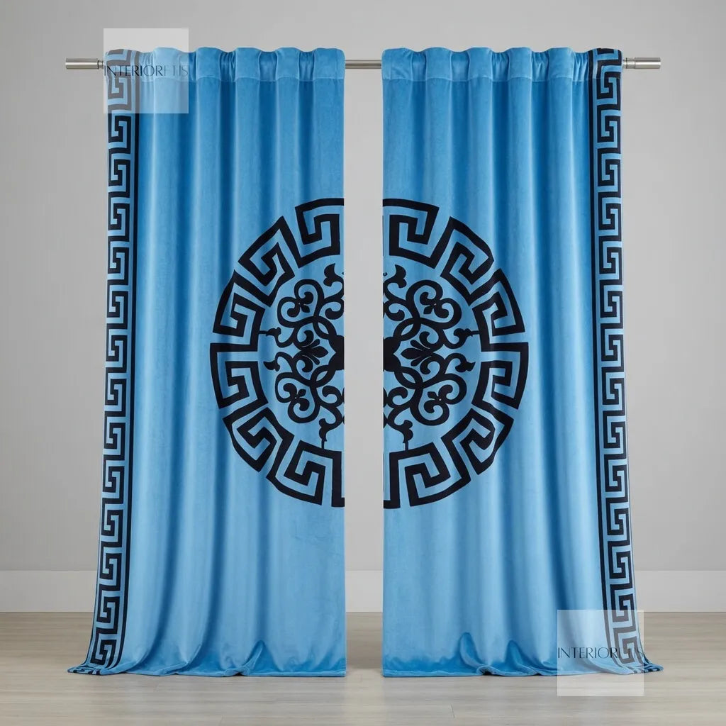 Sky Blue curtains with black decorative patterns on a gray background