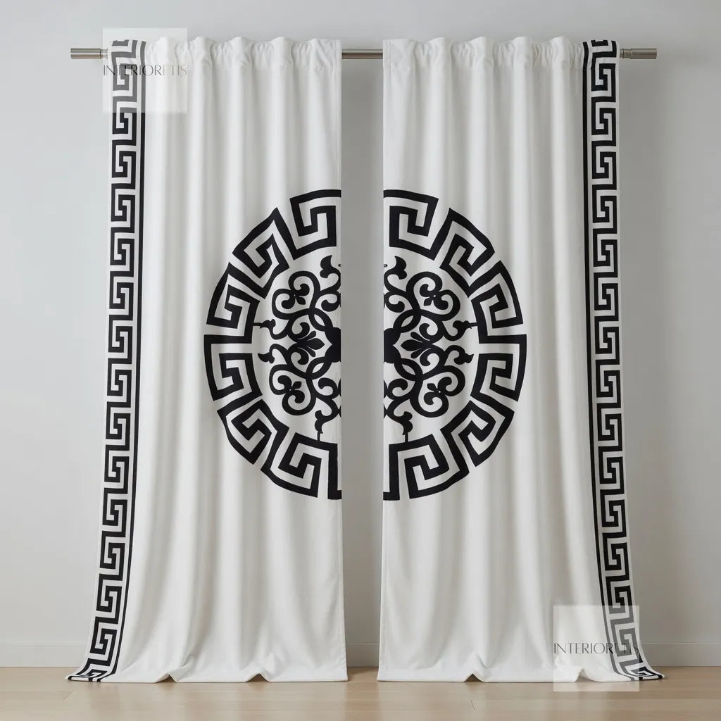 White curtains with black decorative patterns on a gray background