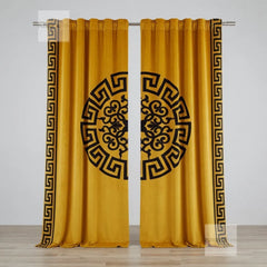 Mustard yellow curtains with black geometric patterns on a white background