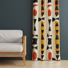 Cream Geometric Curtains with Black Orange Red Shapes – Modern Velvet Curtains | INTERIORFITS