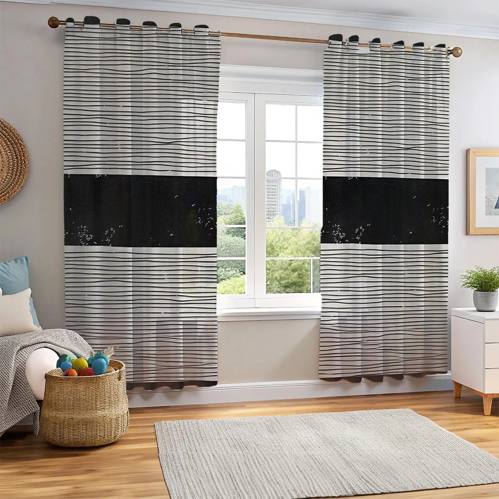 Black & White Wavy Line Curtains with Solid Black Band – Modern Velvet Curtains | INTERIORFITS