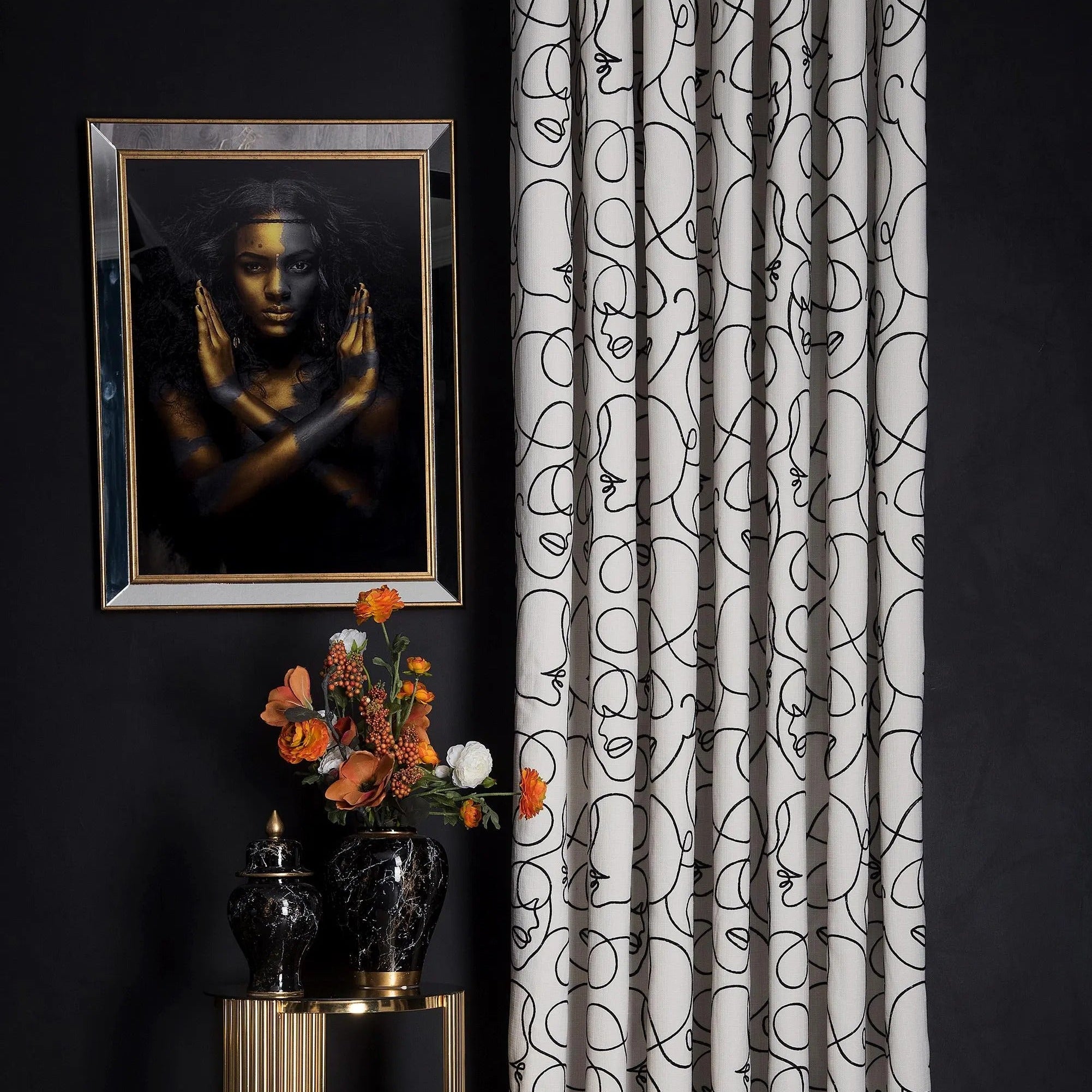 White Cream Abstract Face Line Curtains – Modern Velvet Curtains | INTERIORFITS