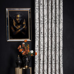White Cream Abstract Face Line Curtains – Modern Velvet Curtains | INTERIORFITS