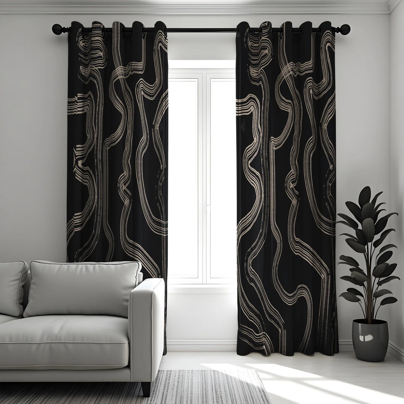 Black & Cream Wavy Abstract Curtains – Modern Velvet Curtains | INTERIORFITS