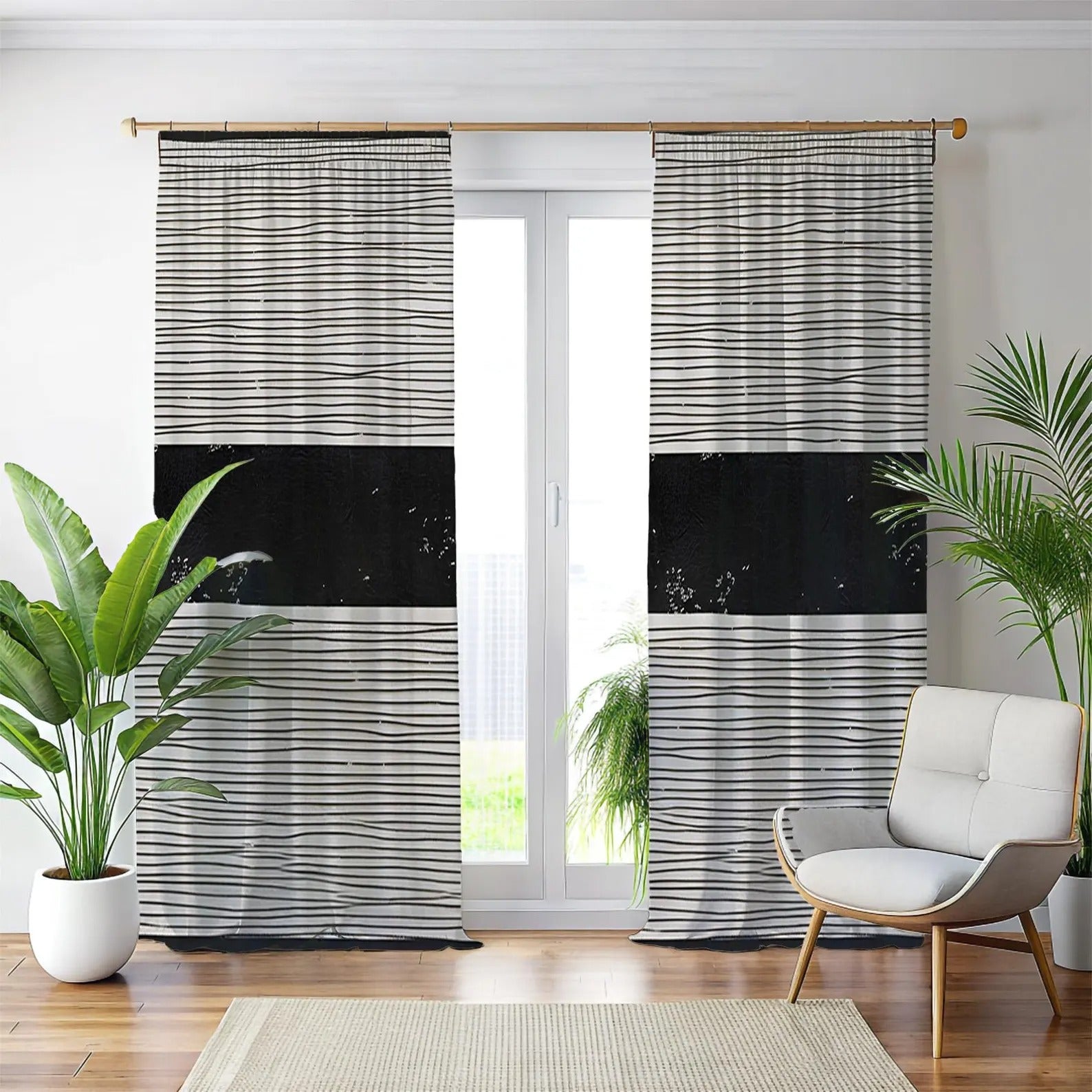 Black & White Wavy Line Curtains with Solid Black Band – Modern Velvet Curtains | INTERIORFITS