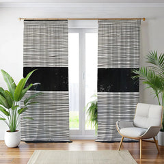Black & White Wavy Line Curtains with Solid Black Band – Modern Velvet Curtains | INTERIORFITS