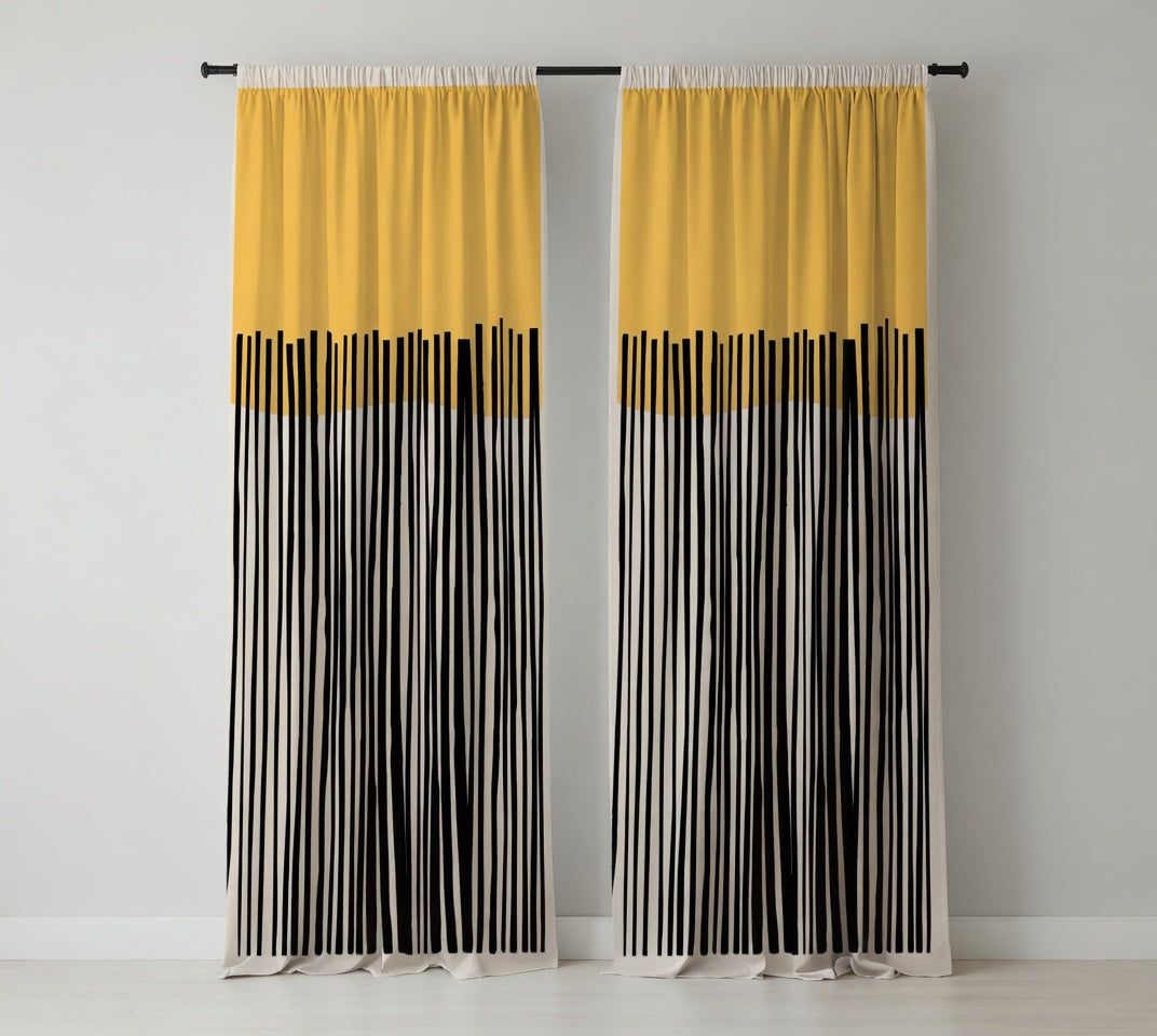 Yellow & Black Vertical Striped Curtains on White Base – Velvet Curtains | INTERIORFITS