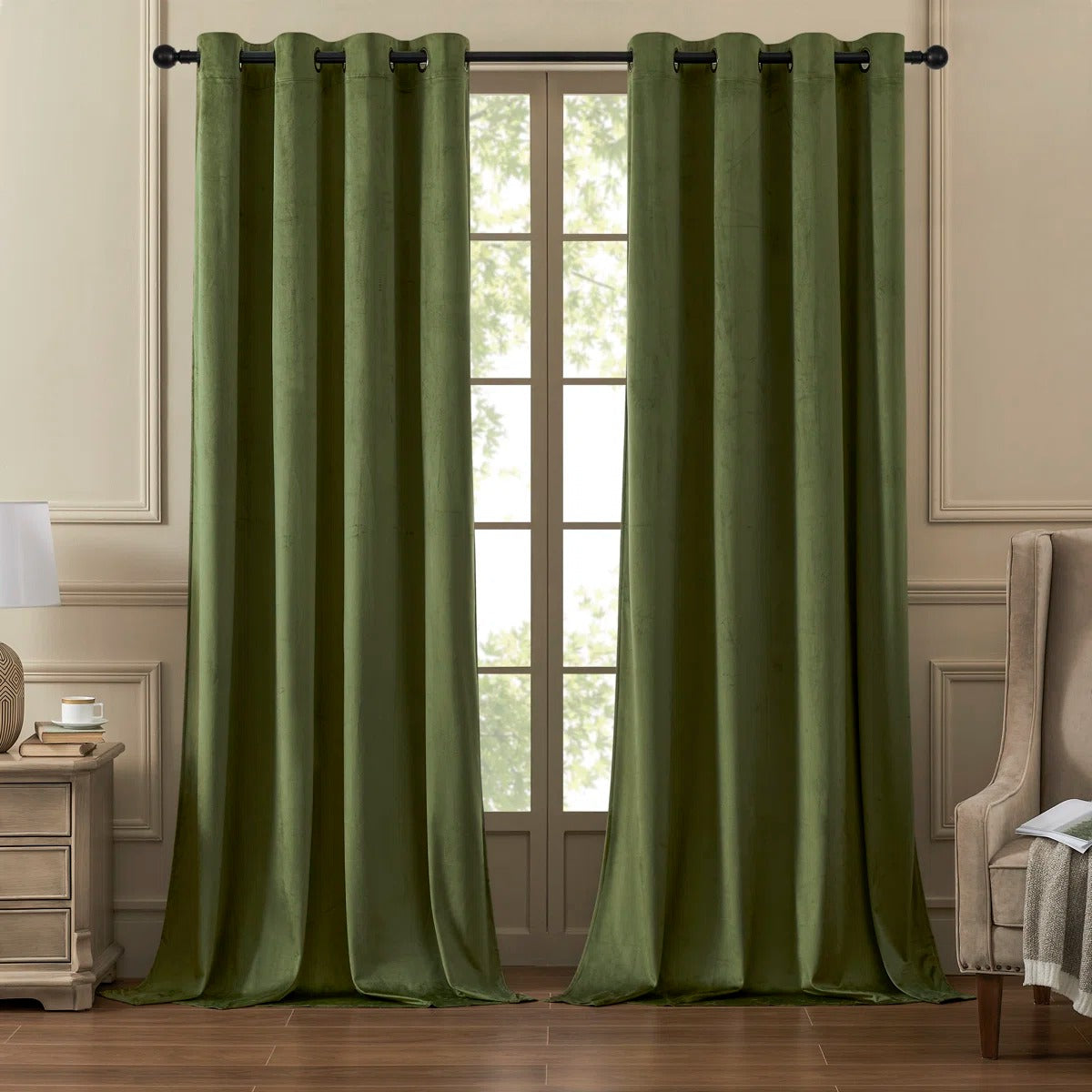 Olive green velvet curtains for bedroom and living room