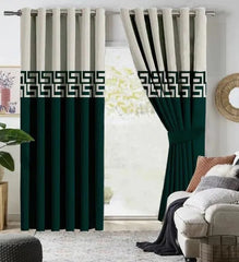 Green dual tone velvet curtains with laser cut design for living room