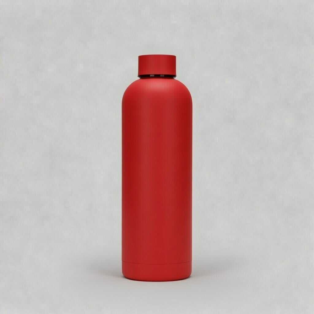 Red bottle with a black cap on a light gray background