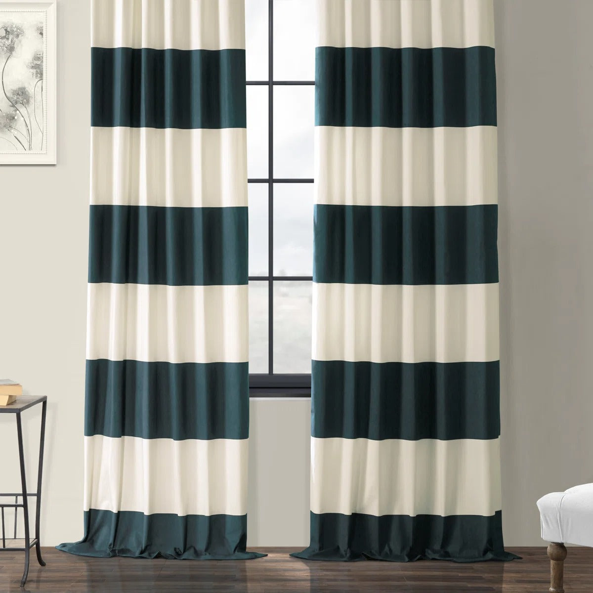 Teal & Cream Striped Curtains – Premium Velvet Curtains | INTERIORFITS