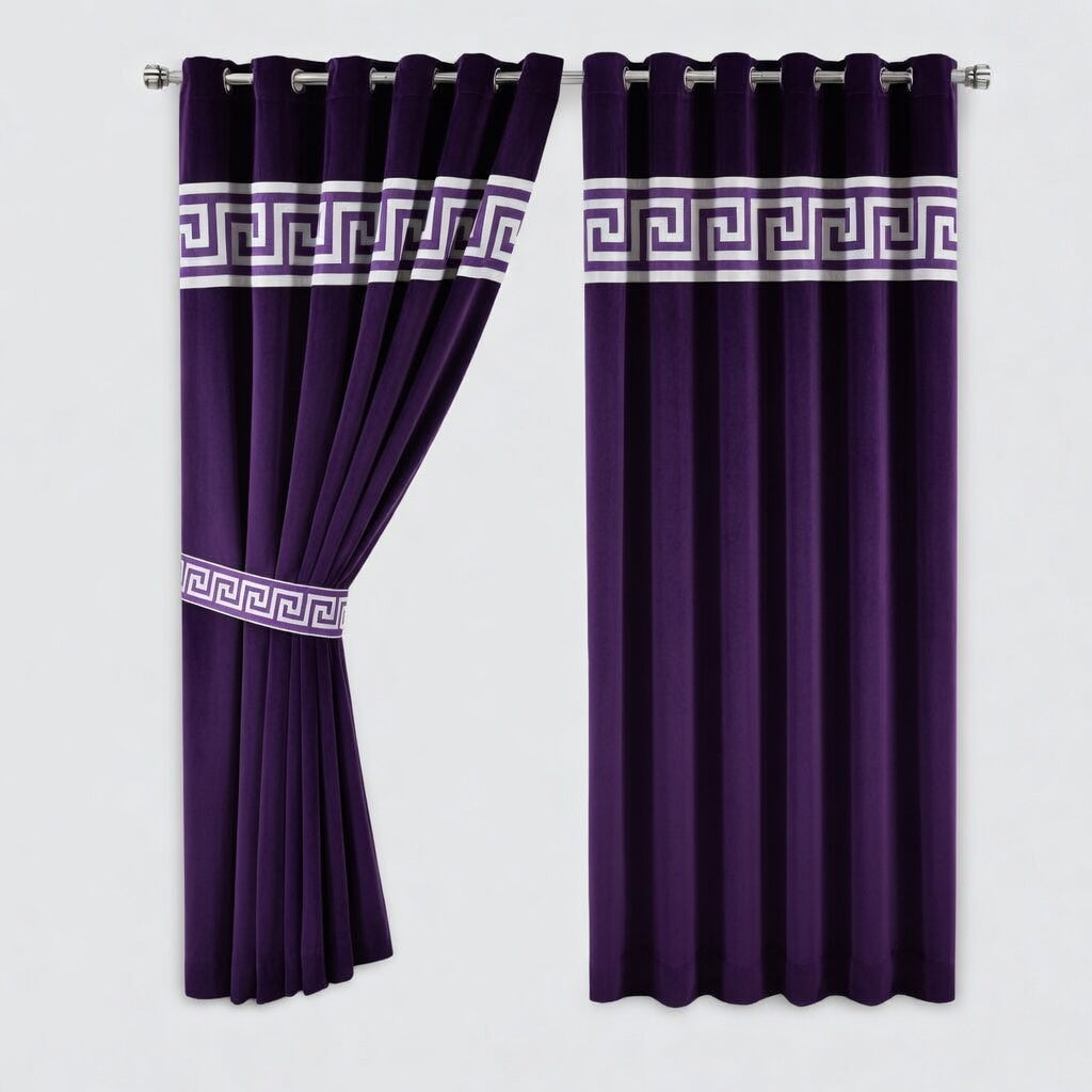 Pair of purple curtains with white decorative bands on a light gray background