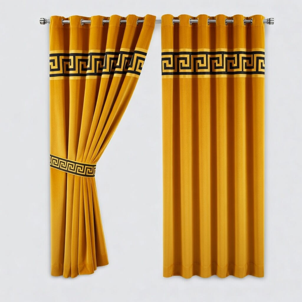 Mustard yellow curtains with decorative black patterns on a white background