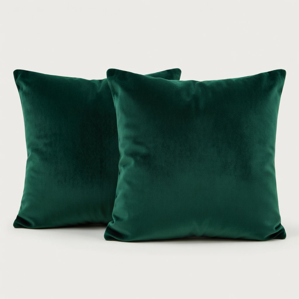 Two green velvet pillows on a light gray background