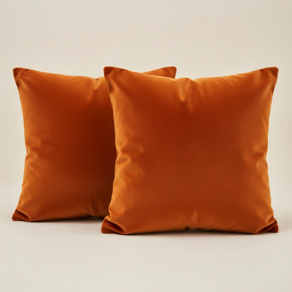 Two orange pillows on a beige background