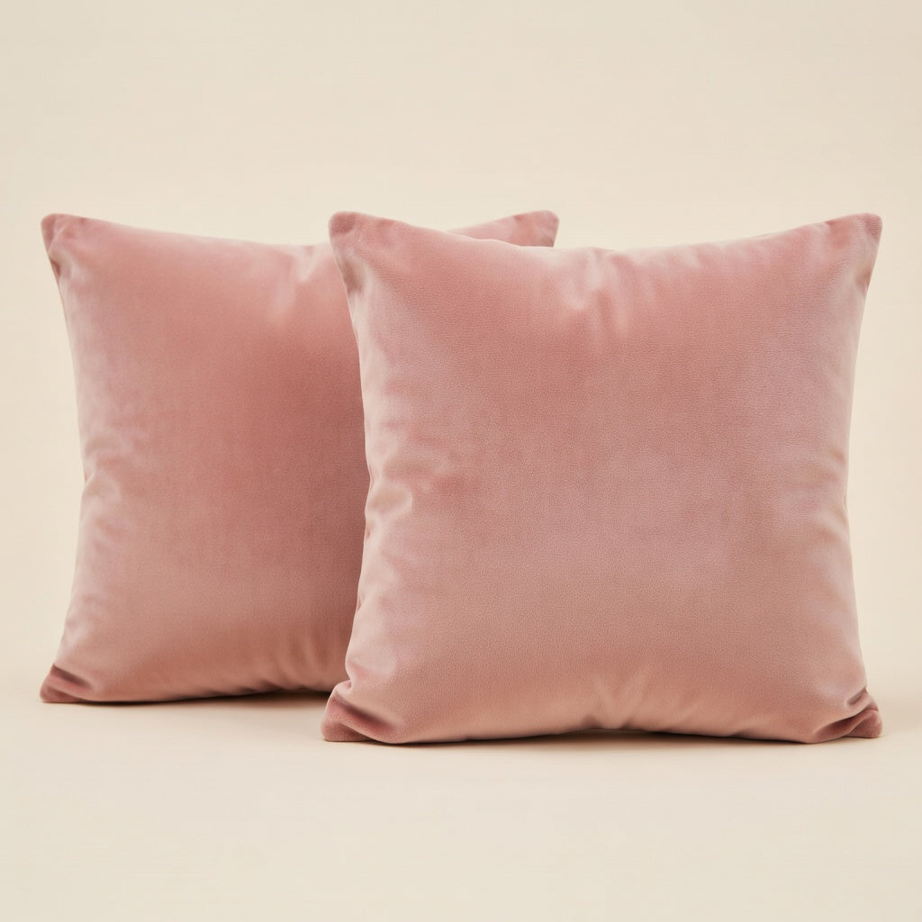 Two pink velvet pillows on a beige background