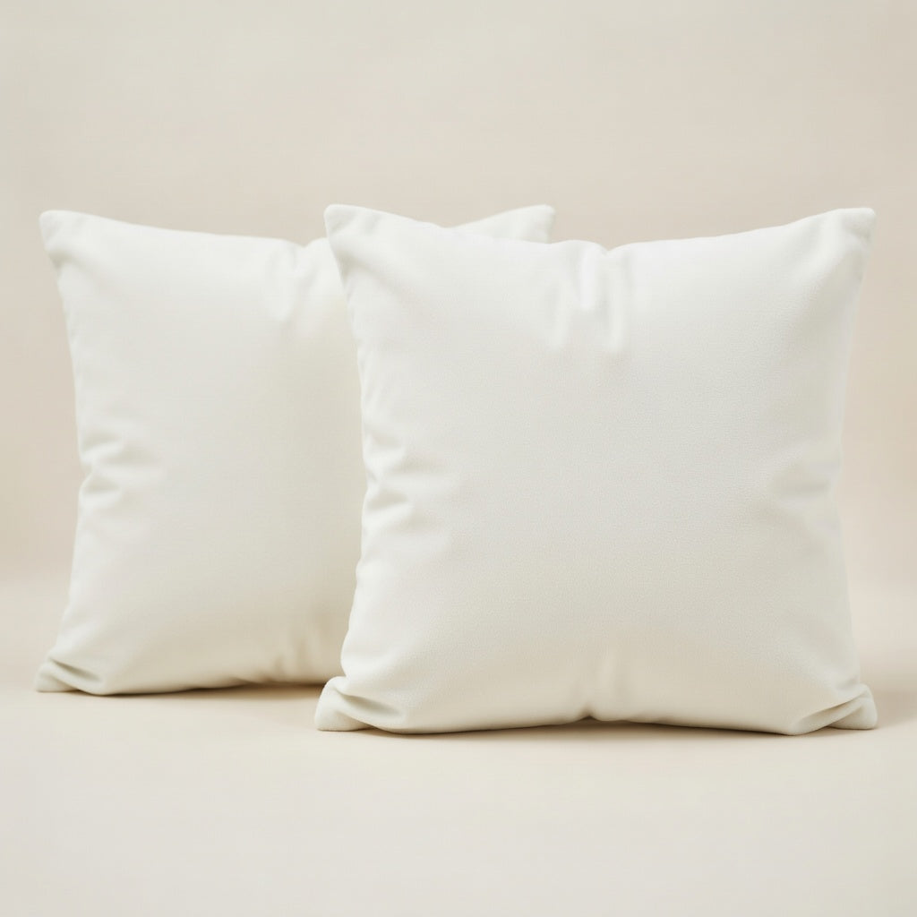 Two white pillows on a beige surface