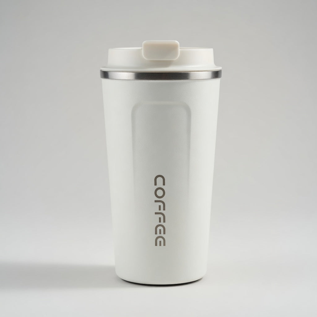 White insulated coffee cup with 'COFFEE' text on a light gray background