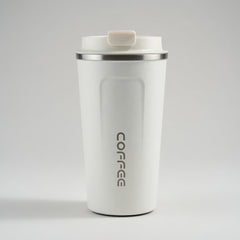 White insulated coffee cup with 'COFFEE' text on a light gray background