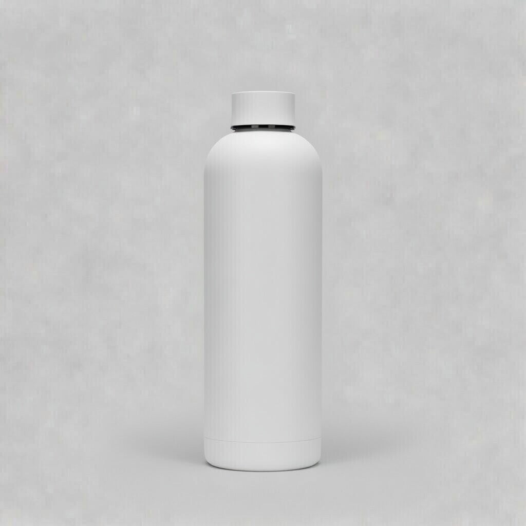 White cylindrical bottle with black cap on a light gray background