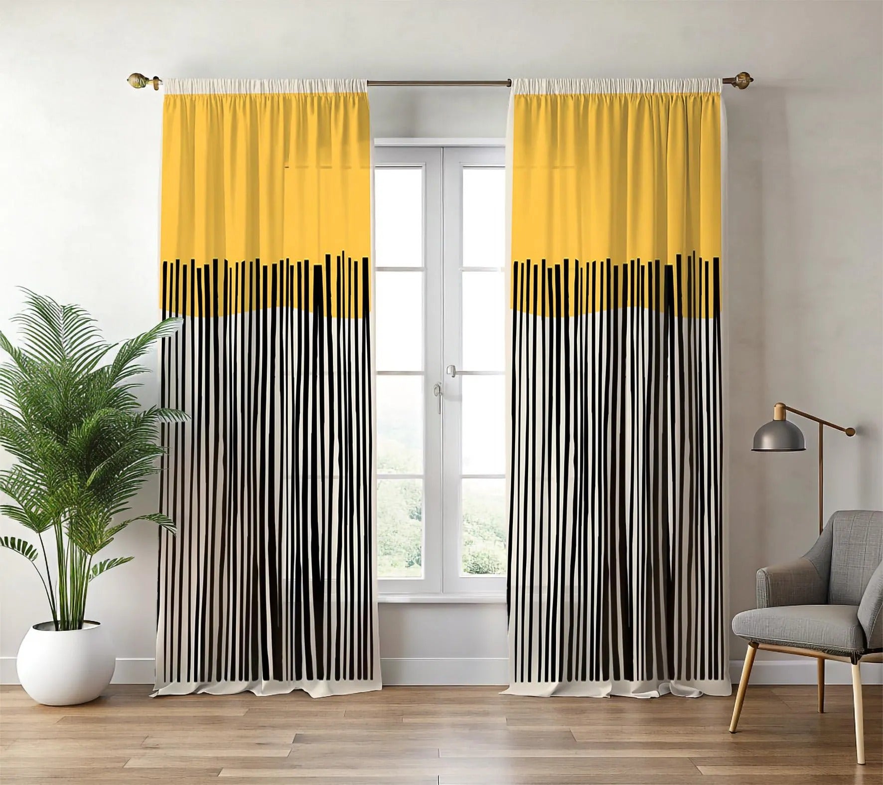 Yellow & Black Vertical Striped Curtains on White Base – Velvet Curtains | INTERIORFITS